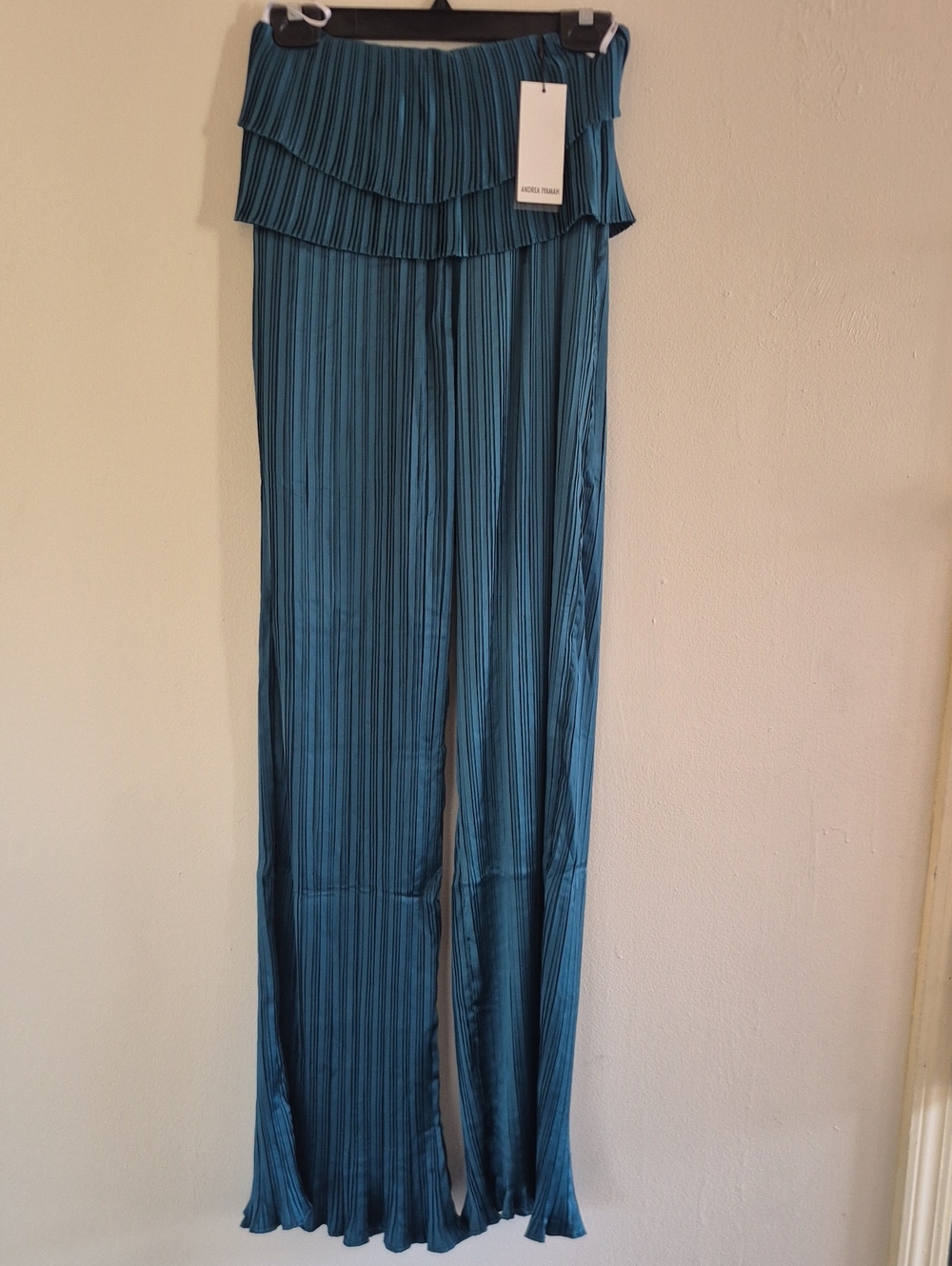 Andrea Iyamah Teal Pleated Wide-Leg Pants with Foldover Waist